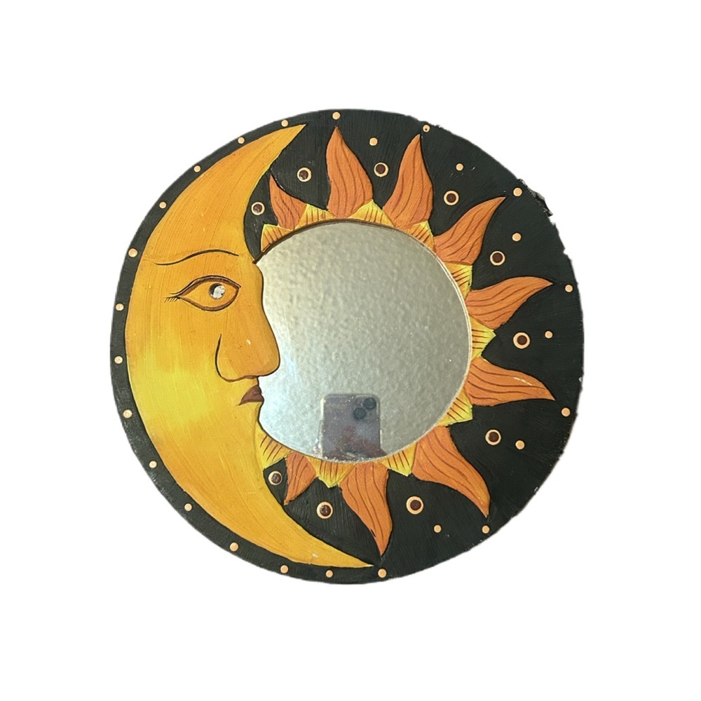 90’s Celestial Sun and Moon Wall Wooden Vintage Mirror Decor - Black and Orange